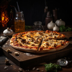 pizza with salami and tomatoes،a pizza sitting on top of a wooden cutting board, award winning food photography, professional food photography, styled food photography,