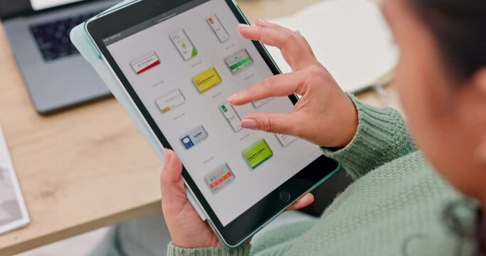 Tablet, choice and online shopping, hand and scroll store website with pills or supplement on screen. UI, e commerce and person decision, technology and supply chain, medicine menu and customer