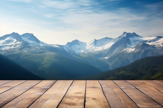 Good web concept for advertisement or banner with beautiful mountain landscape in background and wooden deck in front with copy space.