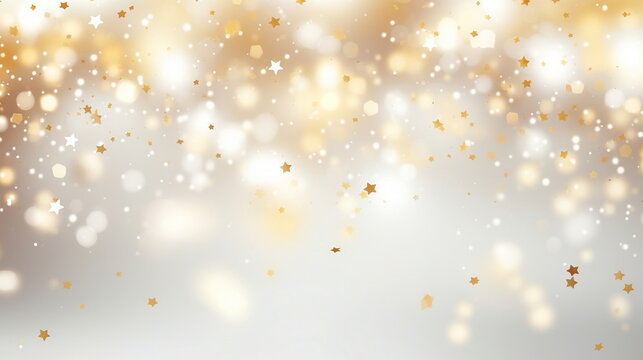 white gold blurred background with small gold stars elements festive Christmas Valentine day greetings template