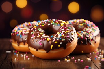 Sweet donuts stuffed with melted chocolate and sprinkled