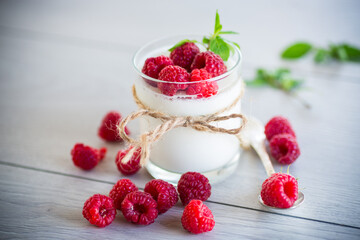 Cooked homemade yogurt with ripe red raspberries in a glass.