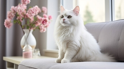 Generative AI, fluffy white cat lies on the carpet in the living room, beloved pet, modern interior in the apartment, own housing, real estate, keeping animals