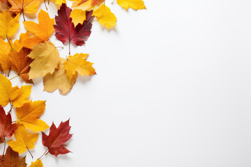 White autumn background with colorful leaves. Generative AI.