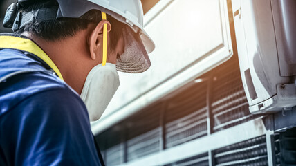 Technician checking and changing the filters of a domestic air conditioning split. HVAC system, checking and replacing AC filter.
