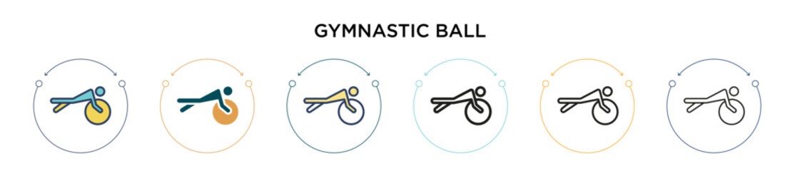Gymnastic ball icon in filled, thin line, outline and stroke style. Vector illustration of two colored and black gymnastic ball vector icons designs can be used for mobile, ui, web
