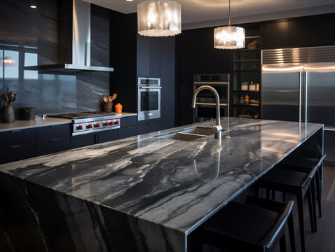 Fotograf&iacute;a que muestra una cocina contempor&aacute;nea, resplandecientes encimeras de m&aacute;rmol frente a gabinetes mate en negro.