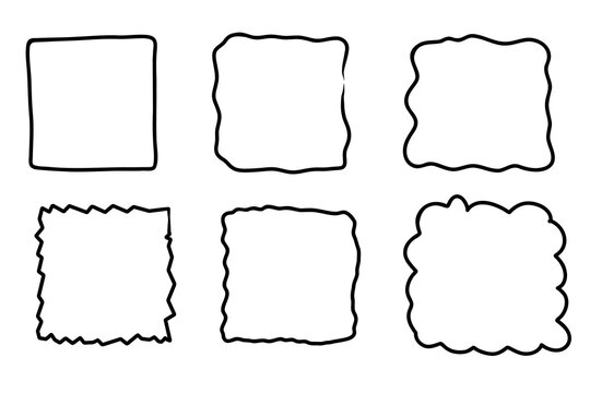 Rectangle hand drawn frames set. Doodle square wavy curve deformed textured frame. Border hand drawn sketch. Vector illustration on a white background.