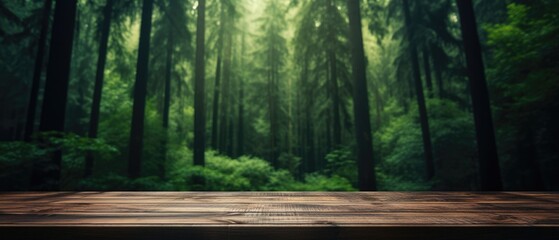 Empty wood table top with on blurred dark green fores, Generative AI