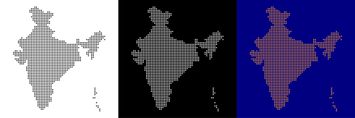 Map of India in dotted circles, pixels. Abstract Indian map from round dots on isolated black, white and blue background in graphic vector illustration in eps 10 - editable
