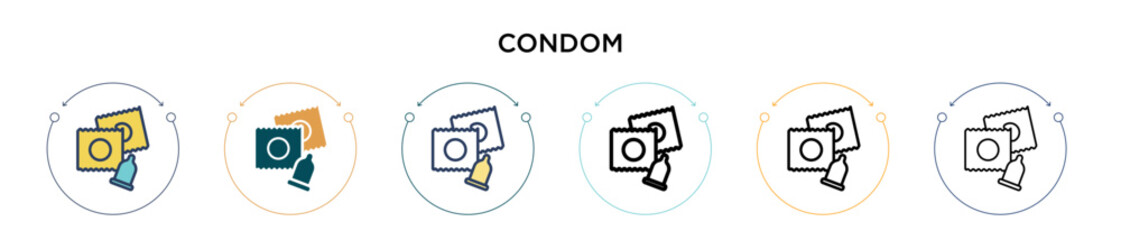 Condom icon in filled, thin line, outline and stroke style. Vector illustration of two colored and black condom vector icons designs can be used for mobile, ui, web - obrazy, fototapety, plakaty