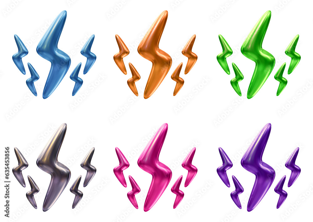 Poster set of lighting bolt icons in 3d rendering isolated on transparent background for electrical, thunde