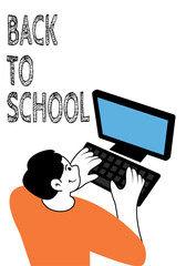 Back to school poster illustration. Vector of a young man studying online on his desktop computer