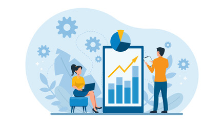 Vector of business marketing team planning, analyzing financial reports and data to increase revenues