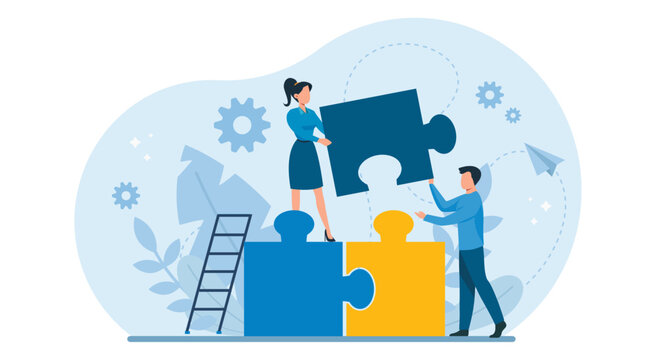 Teamwork concept. Vector of businesspeople solving a problem in a team.