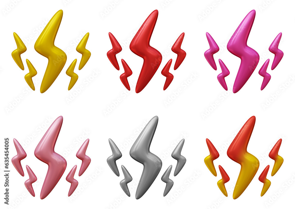 Poster set of lighting bolt icons in 3d rendering isolated on transparent background for electrical, thunde