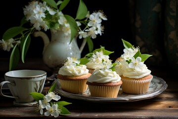 Obraz na płótnie Canvas Two elderflower cupcakes, Generative Ai