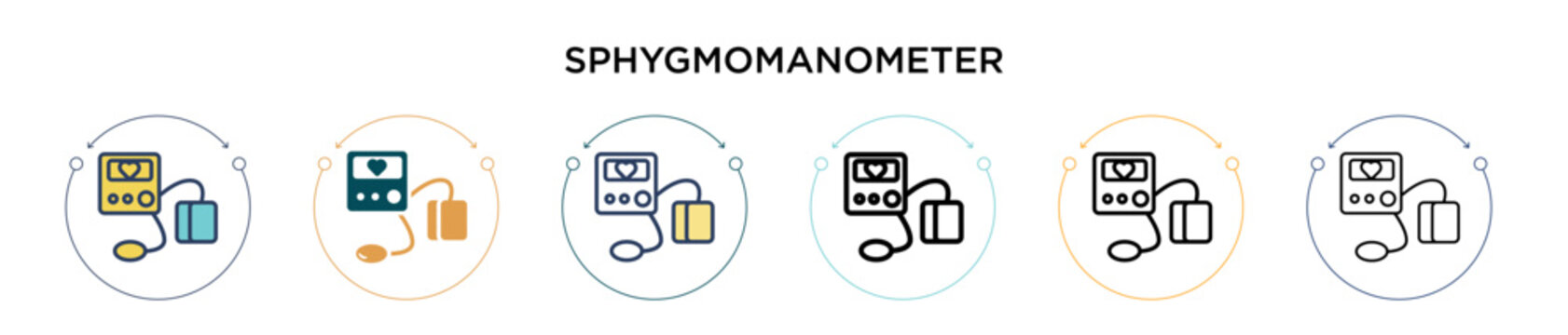 Sphygmomanometer icon in filled, thin line, outline and stroke style. Vector illustration of two colored and black sphygmomanometer vector icons designs can be used for mobile, ui, web
