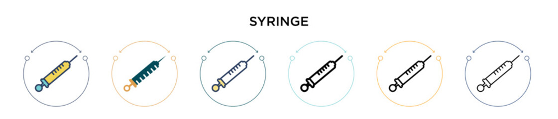 Syringe icon in filled, thin line, outline and stroke style. Vector illustration of two colored and black syringe vector icons designs can be used for mobile, ui, web