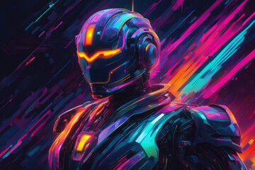 Futuristic cyber bank robot in neon style in human form