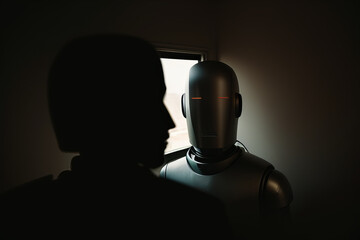 The concept of increasing the number of robots in daily life, a robot communicates with another robot alone in a dark room