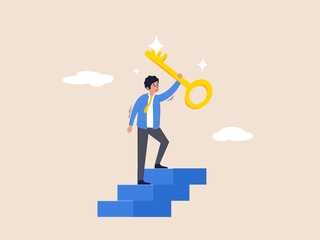 Key to business success concept. Stairway to find secret key or achieve career target, businessman winner walk up to top of stairway lifting golden success key to the sky.