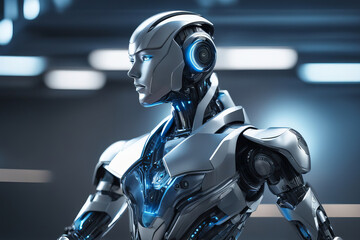 Portrait of a cyborg robot of the future with a woman's face controlled by artificial intelligence AI