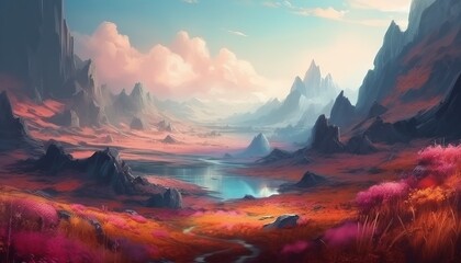 Fantasy landscape, beautiful scenery with mountains