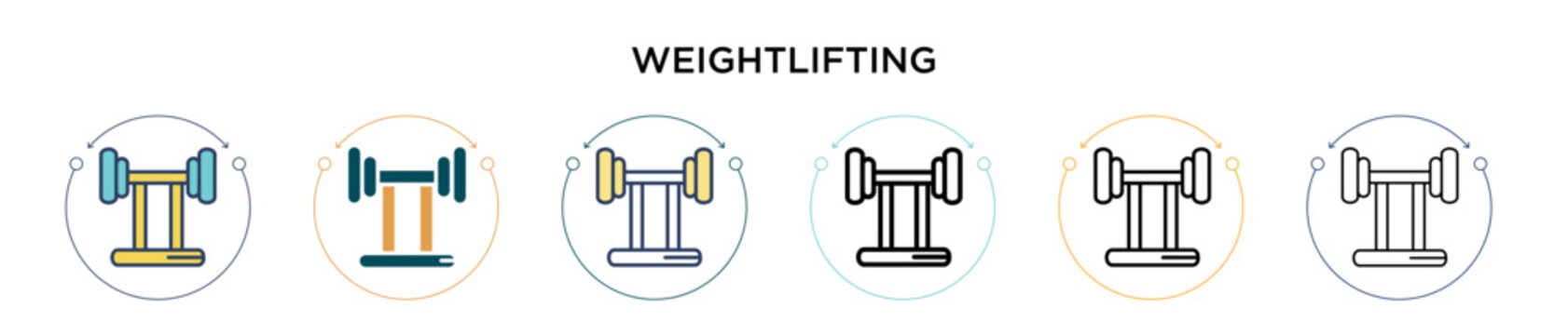 Weightlifting icon in filled, thin line, outline and stroke style. Vector illustration of two colored and black weightlifting vector icons designs can be used for mobile, ui, web