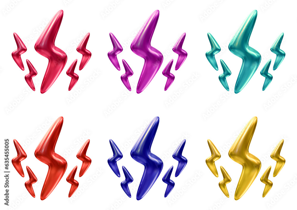 Poster set of lighting bolt icons in 3d rendering isolated on transparent background for electrical, thunde