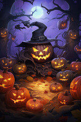 halloween pumpkin. illustration of a jack on the background of the moon. orange and black. scary and cute grin, smile.