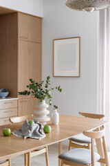 wood tabletop and decor at cozy kitchen with stylish interior