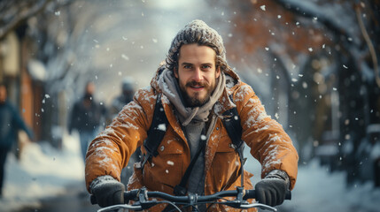 Fototapeta premium Man riding bicycle in winter. Generative Ai