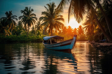 Obraz na płótnie Canvas tropical paradise island. an old boat floats at sunset near the palm trees. vacation and romantic evening.
