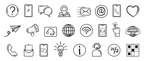 Obraz premium Contact us icon collection in hand drawn doodle outline style. Vector set with customer support black and white symbols - chat, email, phone and others