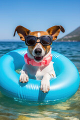 Happy dog enjoying his vacation on a beach. Lifeguard dog with glasses and happy in the sea.