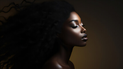 Fototapeta premium Afro-American Beauty Model Portrait on dark background. Web banner with empty copy space on the side. Generative AI. 