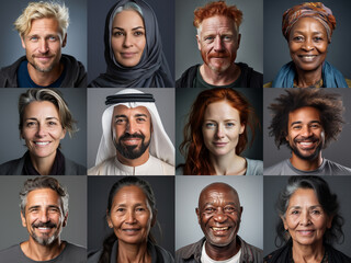 Collage of ethnically different happy people modern portraits, Success, smiling and happiness multicultural faces looking at camera, Human resource society database concept, globalization..