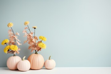 Minimal trendy thanksgiving halloween background, banner with pastel pumpkins with copy space. Autumn holidays decoration arrangement with pastel pumpkins and flowers - obrazy, fototapety, plakaty