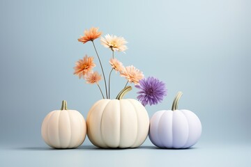 Minimal trendy thanksgiving halloween background, banner with pastel pumpkins with copy space. Autumn holidays decoration arrangement with pastel pumpkins and flowers - obrazy, fototapety, plakaty