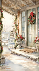 Fototapeta na wymiar Christmas card with the front door of the house and the porch. Watercolor illustration, new year poster, old house