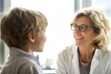Obraz premium Doctor and patientand Child boy, at visit to clinic, Health pediatrician specialist providing health care services consultations treatment, Children healthcare concept