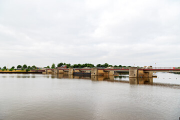 Bremen, Germany - June 28, 2019: Bremer Weserwehr, water level control system (weir) on Weiser River
