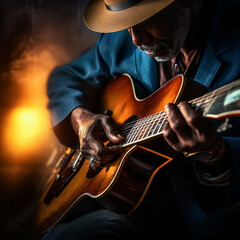 Bluesman play on guitar blues rock under stage light. Festival music concert with songs. Black skin...