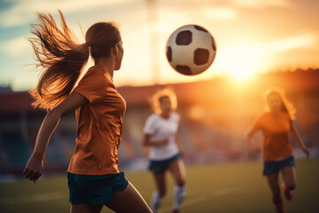 Women's football, a female's team runs across the field of the stadium under the setting sun	