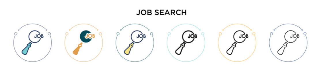 Job search icon in filled, thin line, outline and stroke style. Vector illustration of two colored and black job search vector icons designs can be used for mobile, ui, web