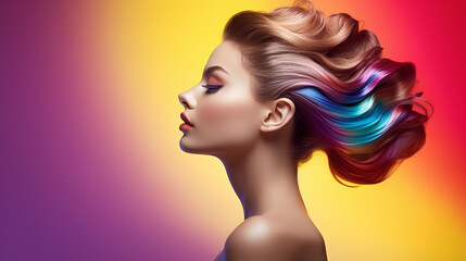 Colorful Beauty Model Portrait. Web banner with empty copy space on the side. Generative AI.