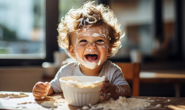 Laughing Boy Enjoys Breakfast Porridge: A laughing boy enjoys his breakfast porridge, a healthy and nutritious meal that is perfect for growing children.