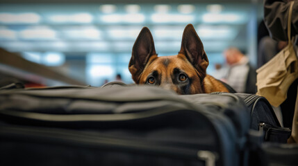 A K9 Police Dog sniffs airport luggage. Police dog. Sniffer Dog. Generative Ai