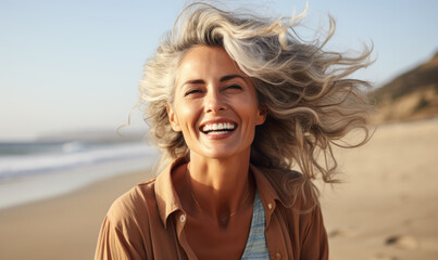Woman in Swimsuit at Beach: A mature woman in a swimsuit enjoys the sun and sand at the beach.